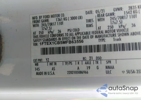 2021 Ford F-150 Xl z USA, uszkodzony, nr VIN 1FTEX1CB5MFB63556